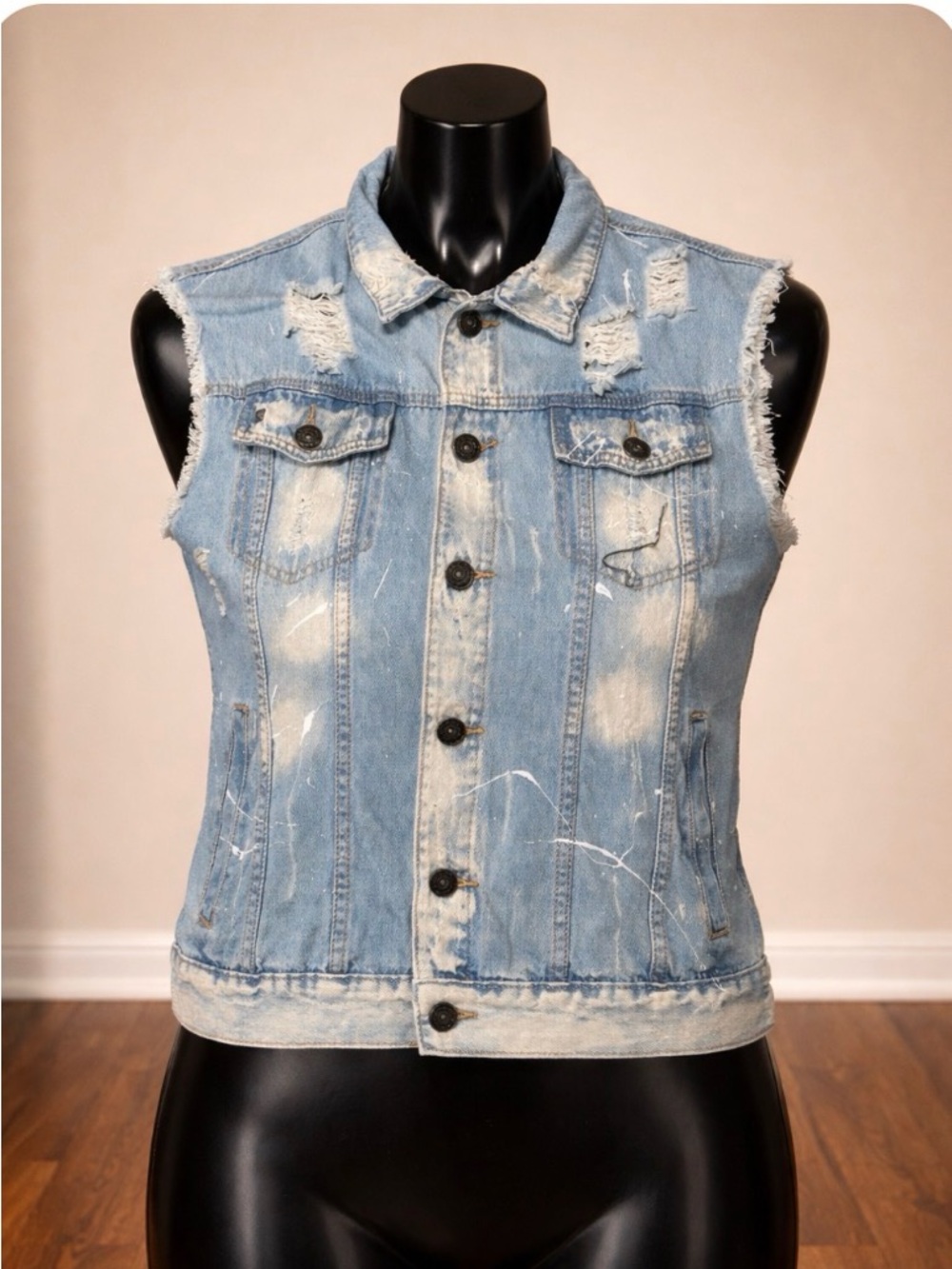 Rolling Paper Sleeveless Heavily Distressed Jean Jacket Rockabilly Vest XL
